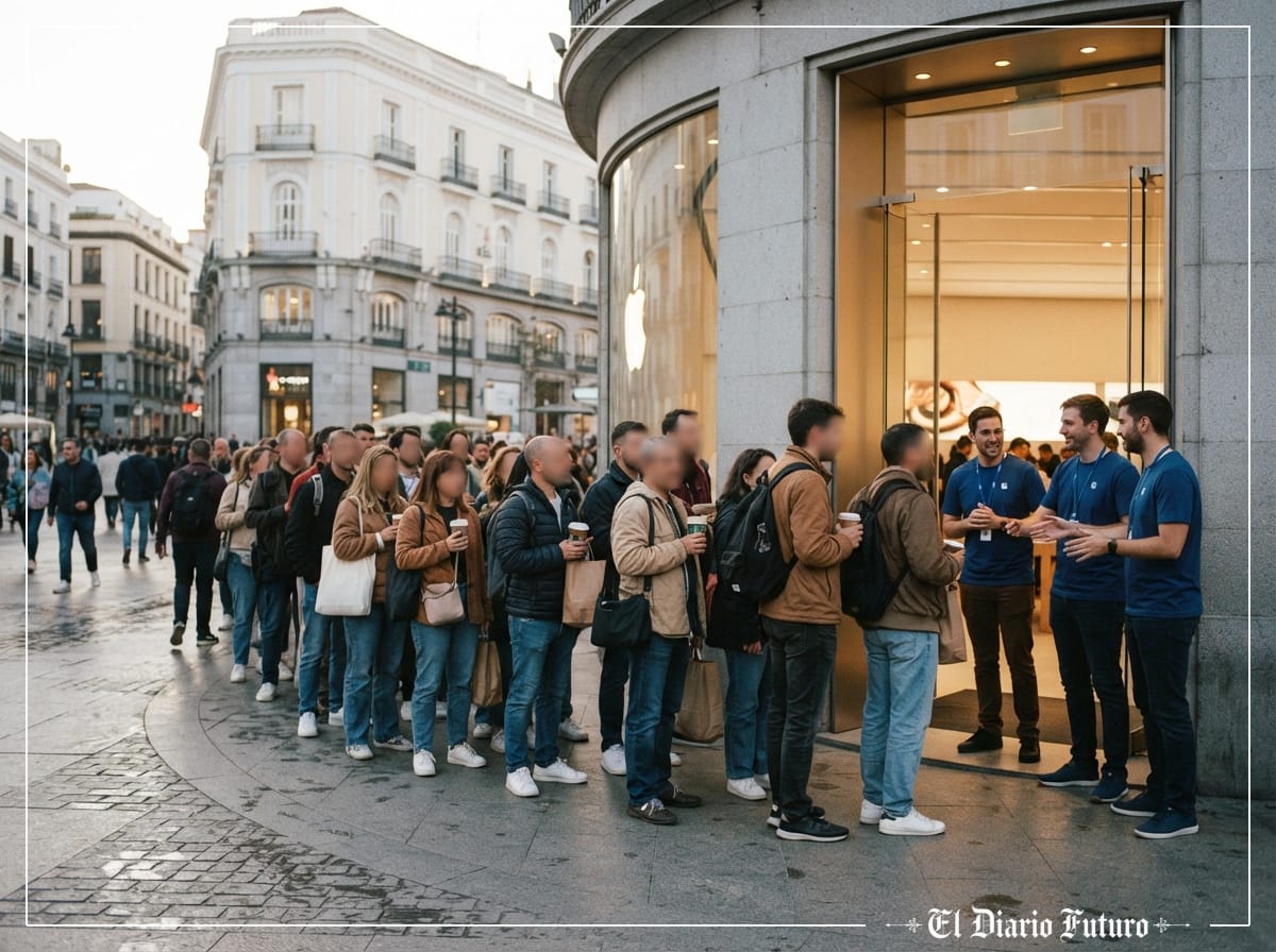 Cola de clientes ante una tienda de Apple en Madrid