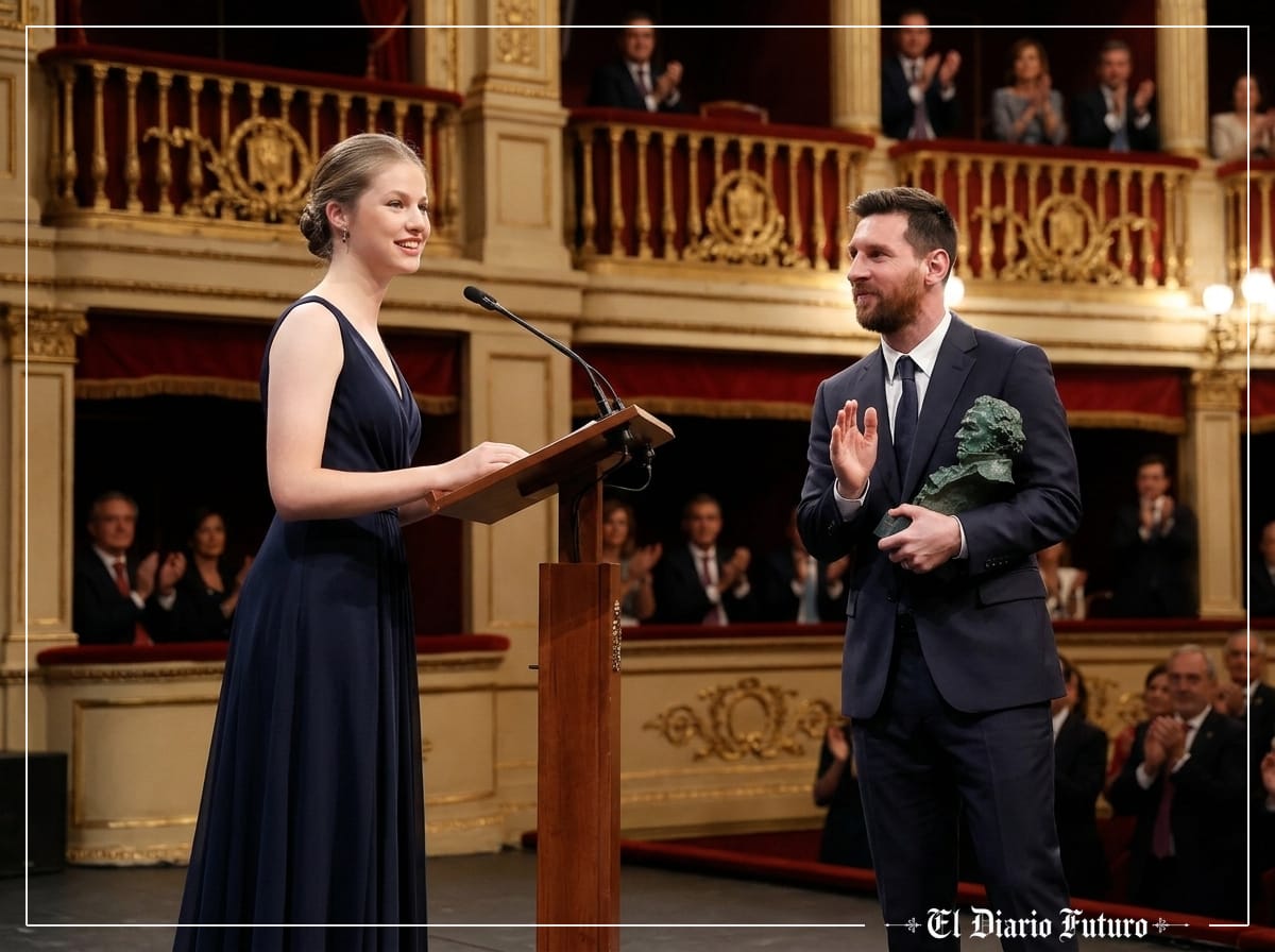 La princesa Leonor en el atril del Teatro Campoamor y Leo Messi con la escultura del premio