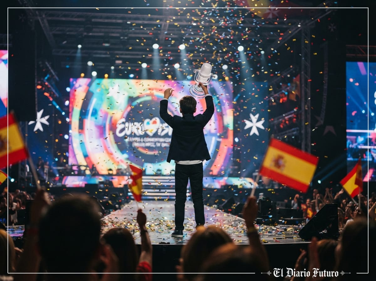 Un niño cantante sostiene el trofeo de Eurovisión Junior sobre un escenario iluminado