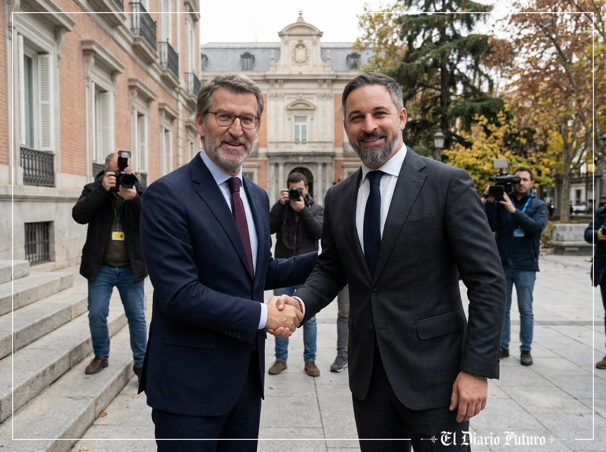 Alberto Núñez Feijóo y Santiago Abascal estrechándose la mano ante la fachada del Senado