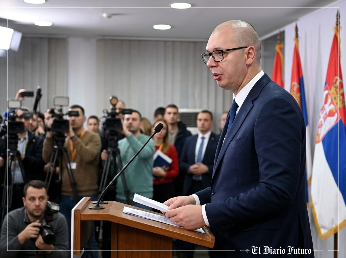 Aleksandar Vučić en la sede de su partido la noche electoral