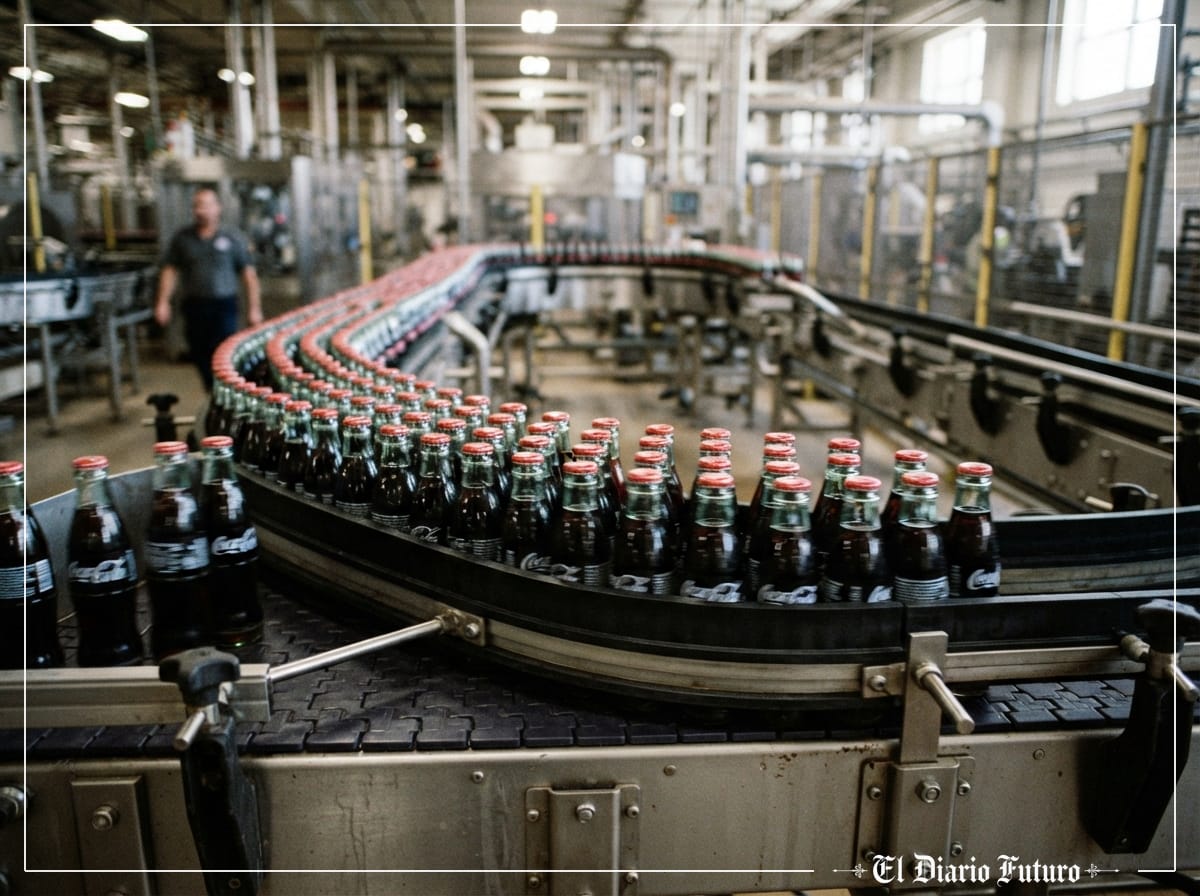 Botellas de Coca-Cola en una línea de embotellado