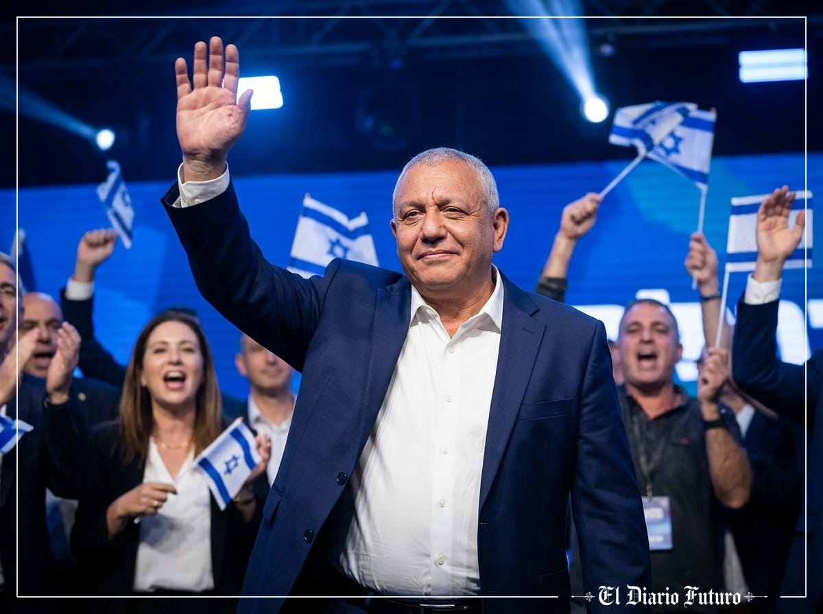 Gadi Eisenkot saluda a sus simpatizantes en la noche electoral