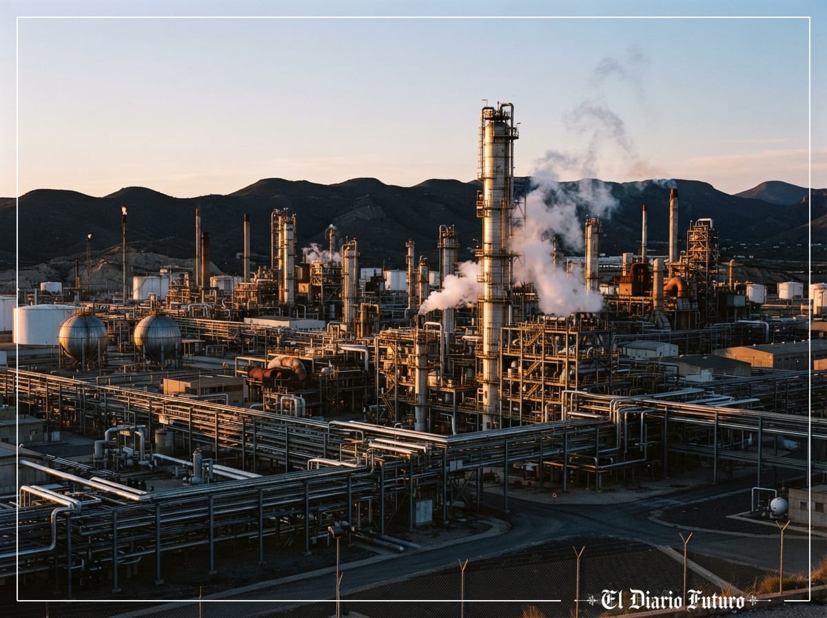 Refinería de Repsol iluminada al amanecer