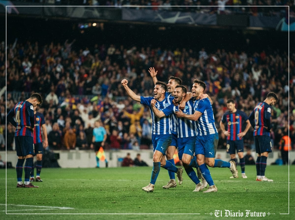 Jugadores del Alavés celebran un gol en el Camp Nou.